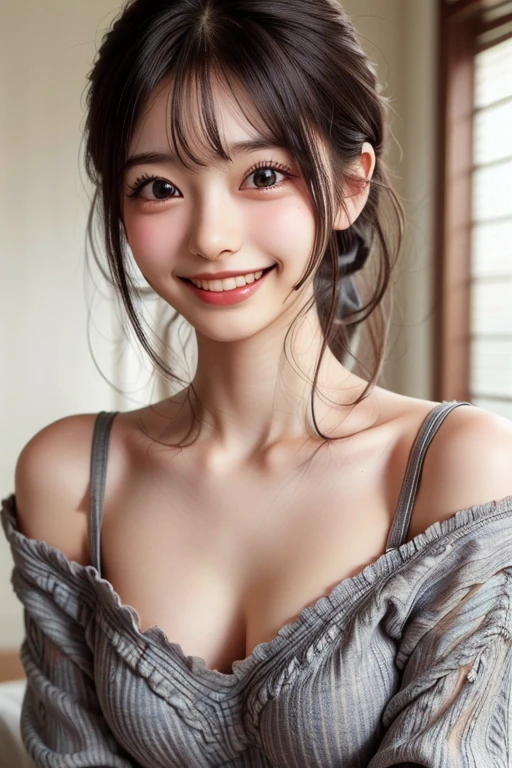 ((highest quality、Masterpiece、High resolution))、(((Zoom photo of upper body、Black Hair)))、(A shy smile:1.2)、One woman、Beautiful Skin、Beautiful Eyes、Cleavage、Nurse uniform、Trimmed bangs、Ponytail Hair