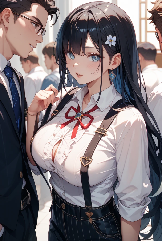((a colorful))、(top-quality、hight resolution、8k、masterpiece:1.2)。(The appearance of the maid:Curvaceous but slender、Muchimuchi Body、mole、Eyebrows、double tooth、canine teeth、poneyTail、Fleshy lips、Muscular nose、Half-taken sailor suit、Realistic, Use something sexy、Maid in uniform,fear expression, blushed face)、Detailed depiction of a very crowded dance ball、Detailed background inside a very crowded dance ball, (((Muscular old tuxedo gentleman hugging maid from behind)))