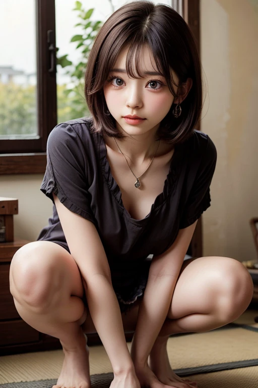 ((sfw: 1.4)), detailed face, cute face,brown eye, , extra short hair, sidelocks-hair, master piece , best quality, matured woman face , squatting , blouse , japanese , room , indoor