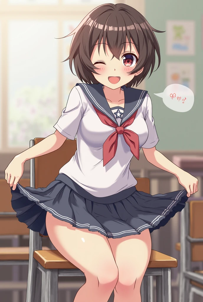 ((Table t○p, highest quality, Hi-Res Lucifer,Anime Screen Capture、Pixel perfect, 8k)))、nsfw、Perfect Anatomy、Female police officer、(((low length、Small breasts、Wide Hips、Wide hips、Thick thighs、Hands on Hips)))、(((Short Hair、Wavy Hair)))、Police Hat、(((オープンシャツ、Skirt flipped up by the wind、light blue sleeveless shirt、Navy Blue Pencil Skirt、White Panties、ホワイトスポーツブラ)))、Sweat, vapor,(Orange Eyes)、((Pink Hair)),One eye closed、 ((((smile、blush))))、(In town)