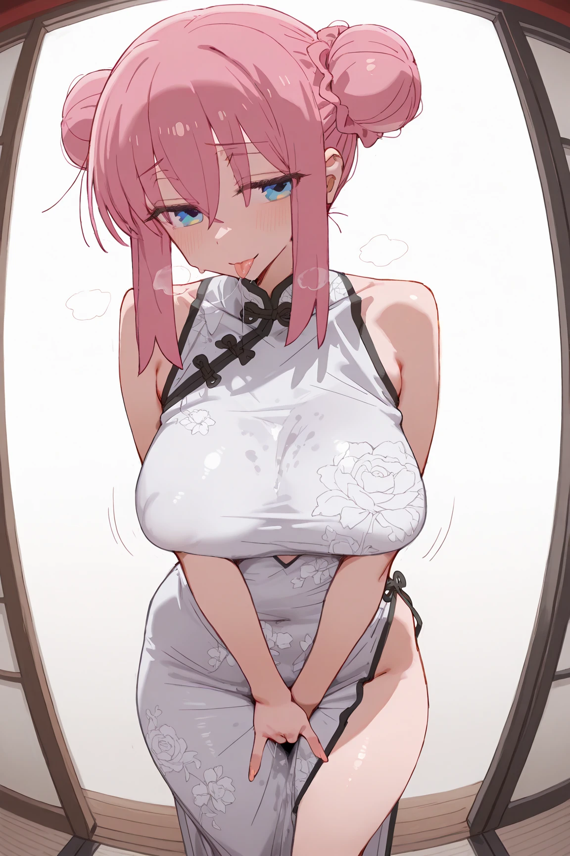 nsfw,((Masterpiece)),((high resolution)),((Best Quality)),Anime illustration,((1girl)),(wavy hair),(short hair),(pale pink hair color),small ponytail,Red eyes,(Big round eyes),((tareme)),12 years old,((loli face)),((very big breasts)),Short stature,,,Ao Dai,No sleeve,mini skirt,blush,I'm very embarrassed,arms up behind,