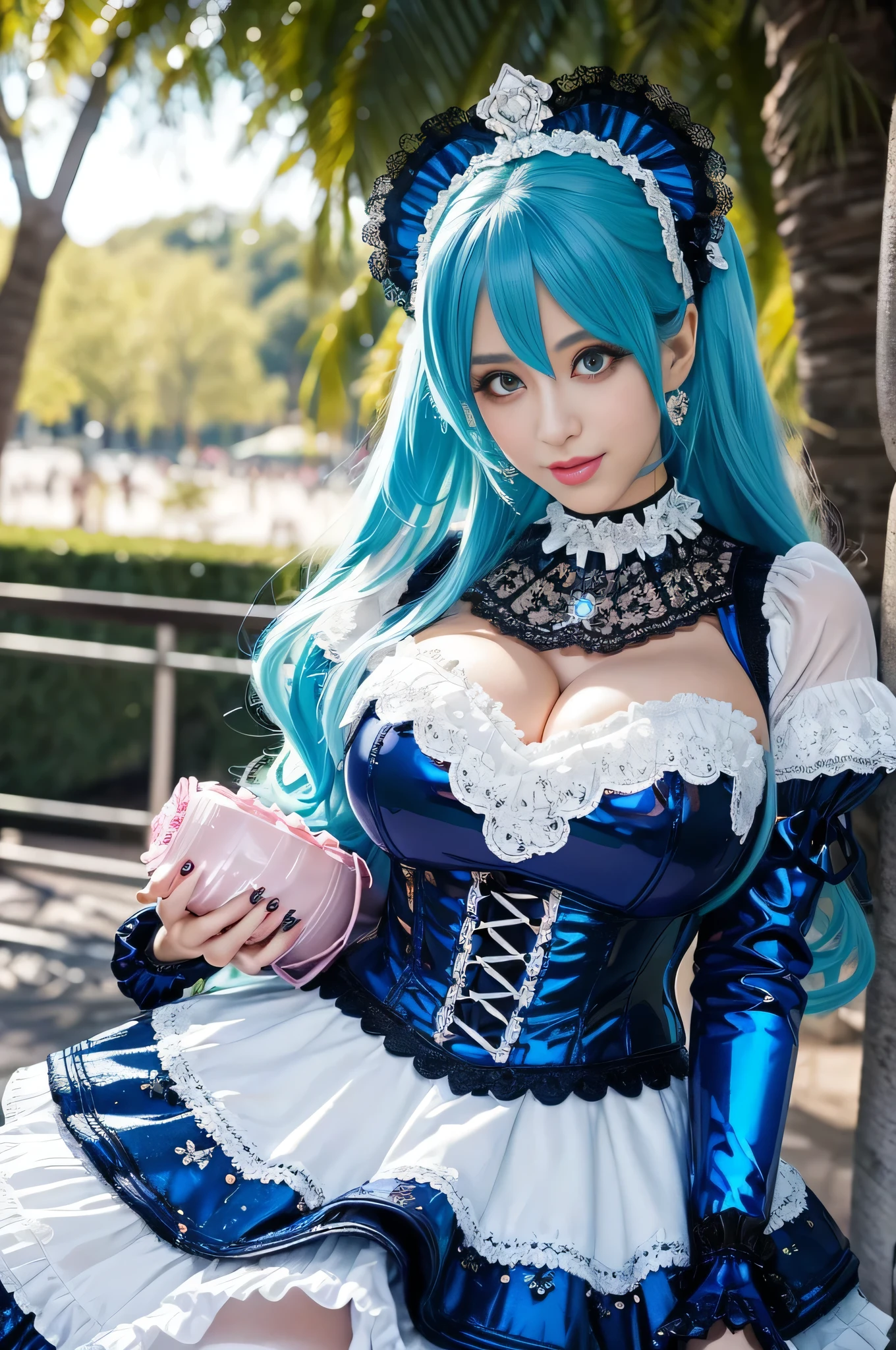 smiling, happy, photo, Hires, photograph, sexy pose, cleavage, <lora:detail_slider_v4:1> <lora:gwen-08:1> (twin drills, drill hair, twintails:1.3), bow, hair bow, black bow, dress, short sleeves, grey dress, puffy sleeves, black dress,  gwen,