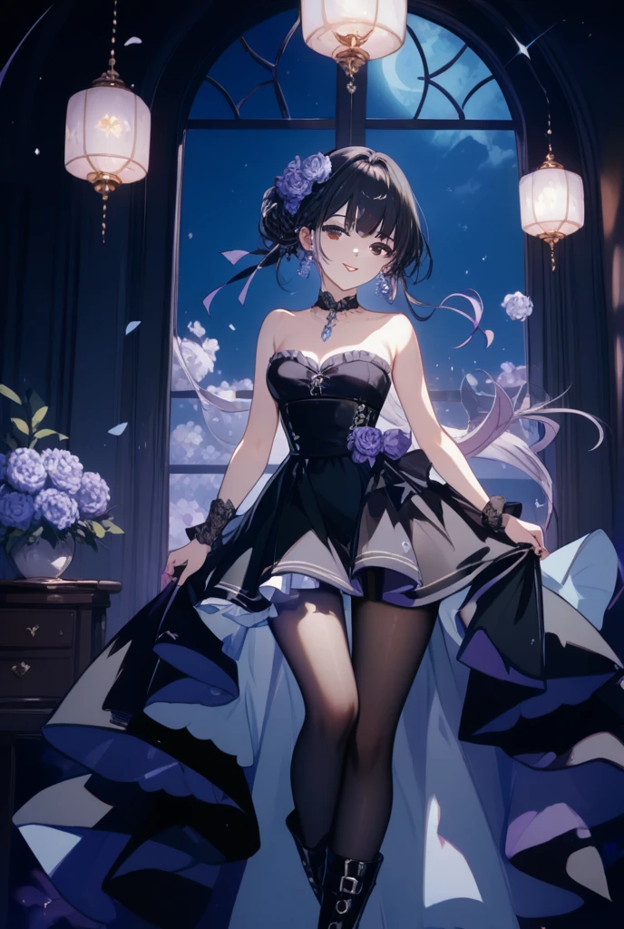 absurdres, RAW photo, extremely delicate and beautiful, masterpiece, Best Quality, ultra high resolution, 32k, hyperrealistic, ultra-detailed, in her 20s, delicate facial features, tearful mole, earring, medium breasts, ((full body shot)), shorter middle hair, black hair, collared shirt dress,