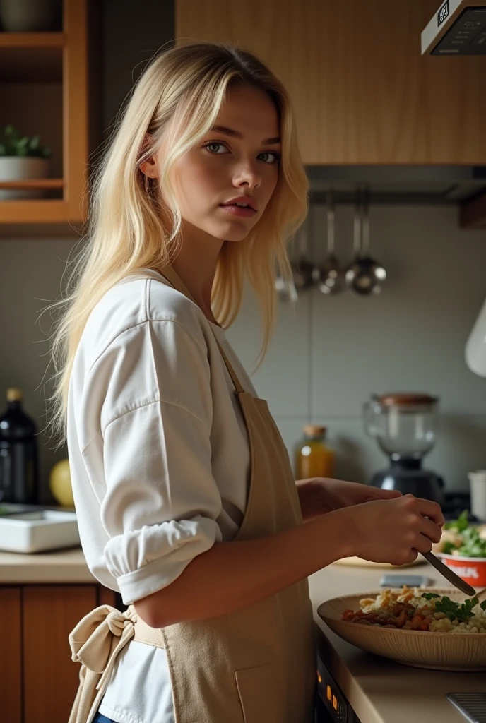 Create a realistic image of a 20 year old woman, long blond hair, blue eyes, cheekbones, ((full body)),
Cooking with her mother, not looking at the camera, background image: a kitchen, head to toe, full body, hyper realistic photo