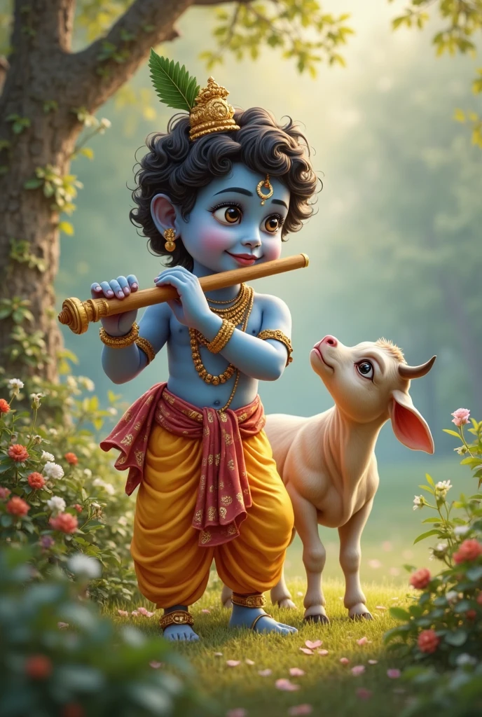 little blue krishna is holding a cow baby with his hand and standing in a village. Village name EZHUMATTOOR is highlighted in road sign board. There are some baby cows and peacock birds nearby