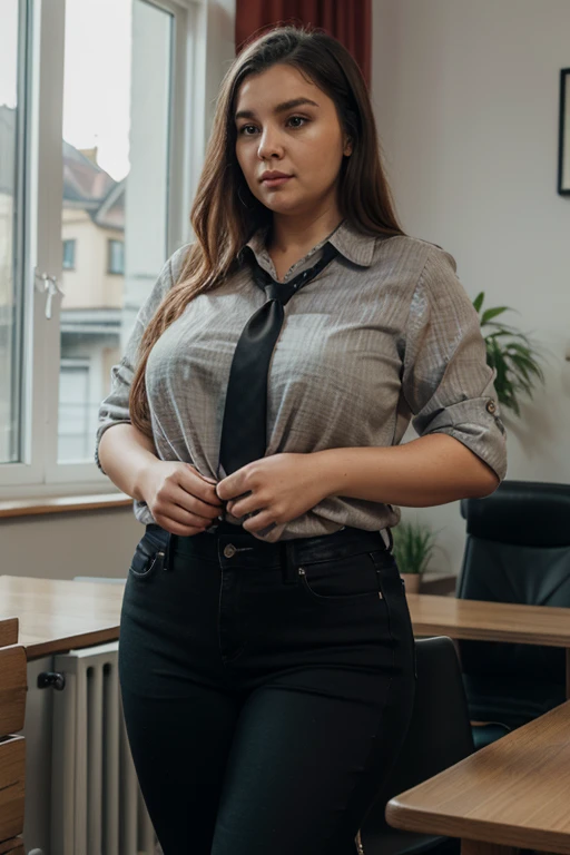 a photo of a beautiful woman, 30 years old, long beautiful hairs, dark brown hair, dark brown eyes, sitting at a table in a conference room, leaning back on her chair, full body, wearing white blouse with rolled up sleeves, wearing tight BLACK chino pants, the table is in the foreground, her legs are visible, the view is from 45 degrees from the side from the front, looking in the camera, red lipstic, natural light coomming from a window, there is a wann behind her, backgorund blurred, cinematic lighting, motion blur, film grain, very detailed, 30 years, dark brown eyes, high-res, masterpiece, best quality, intricate details, highly detailed, sharp focus, detailed skin, realistic skin texture, texture, detailed eyes, professional, 4k, 85mm, shallow depth of field, perfect fit body, extremely detailed, photo_\(ultra\), photorealistic, realistic, post-processing, maximum detail, roughness, real life, ultra realistic, photorealism, photography, 8k uhd, photography (grain of film) medium shot for closeup shot, longer slimer face, perfect face, HANDS ARE HIDDEN, natural legs, wearing tights, natural arms, middle size breast, charming deep eyes, flirty look. hands are hidden, wearing instransparent luxury business pants, wearing intransparent luxury blouse, only one woman on the image