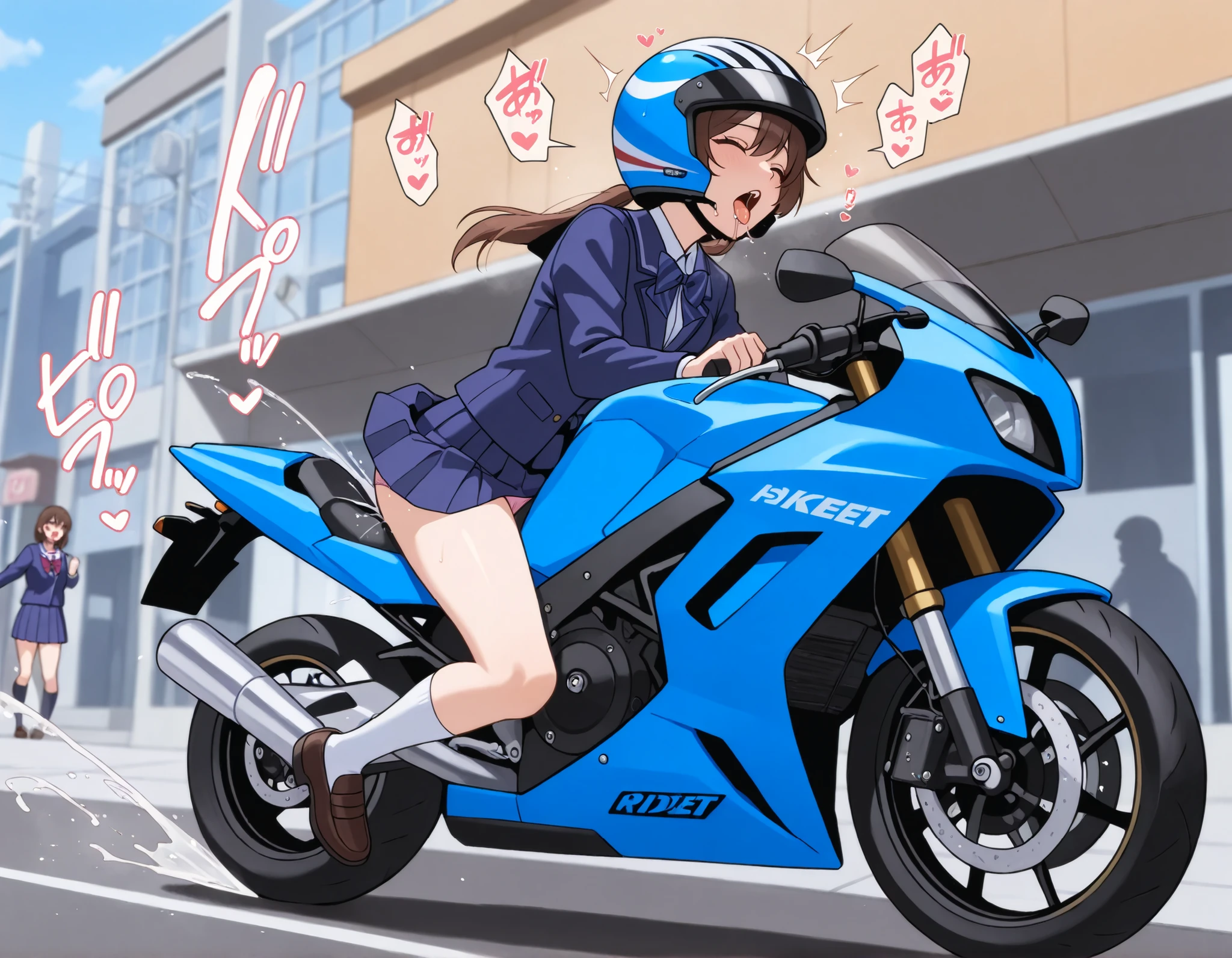 big motorcycle is on the street downtown, rider with school uniform, wheelie, open mouth, tongue, drooling, straddling, grinding her panties against a seat of a motorcycle, orgasm, squirting, text moan, helmet,