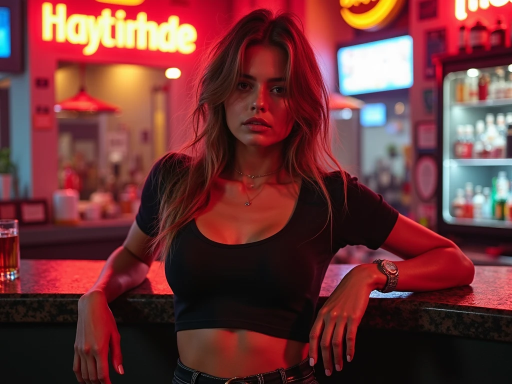 A 25 year old athletic short 4’10” woman wearing a graphic t-shirt and jeans at a strip club. Nude strippers in the background. No bare midriff. She should be noticeably short