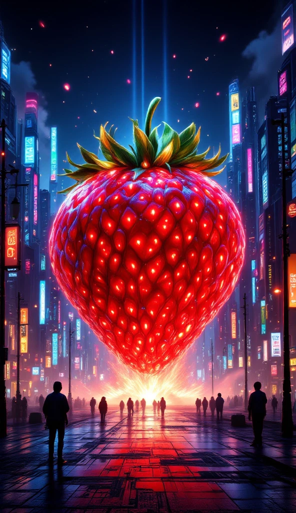 giant strawberry bomb, dropped into the city center Precise depiction,high res,Realistic,4K,HDR,intense colors,Dynamic composition,A huge red strawberry bomb, city background,Exploding scene,Time pressure,An urgent situation,City night view,colorful lights