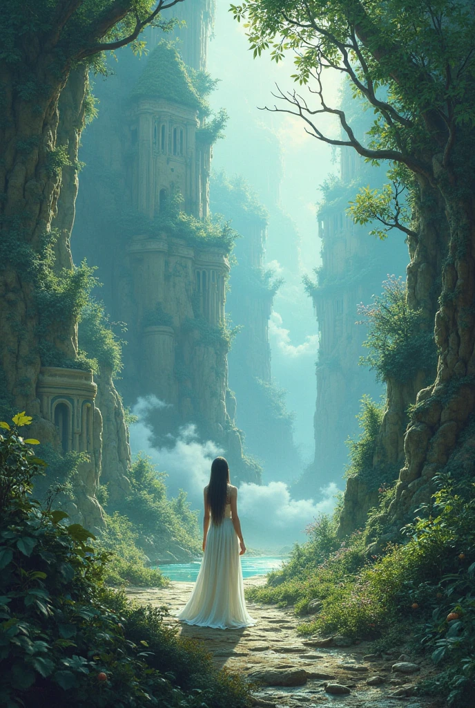 (moody cinematic still, intimate crop, dramatic pose:1.5),SimplePositiveXLv2, (perfect seductive young woman Discovering a Hidden Sanctuary in the Clouds:1.3), sanctuary floating amidst the clouds, ethereal and hidden, with hanging gardens, flowing waterfalls, and pathways lit by bioluminescent flora.