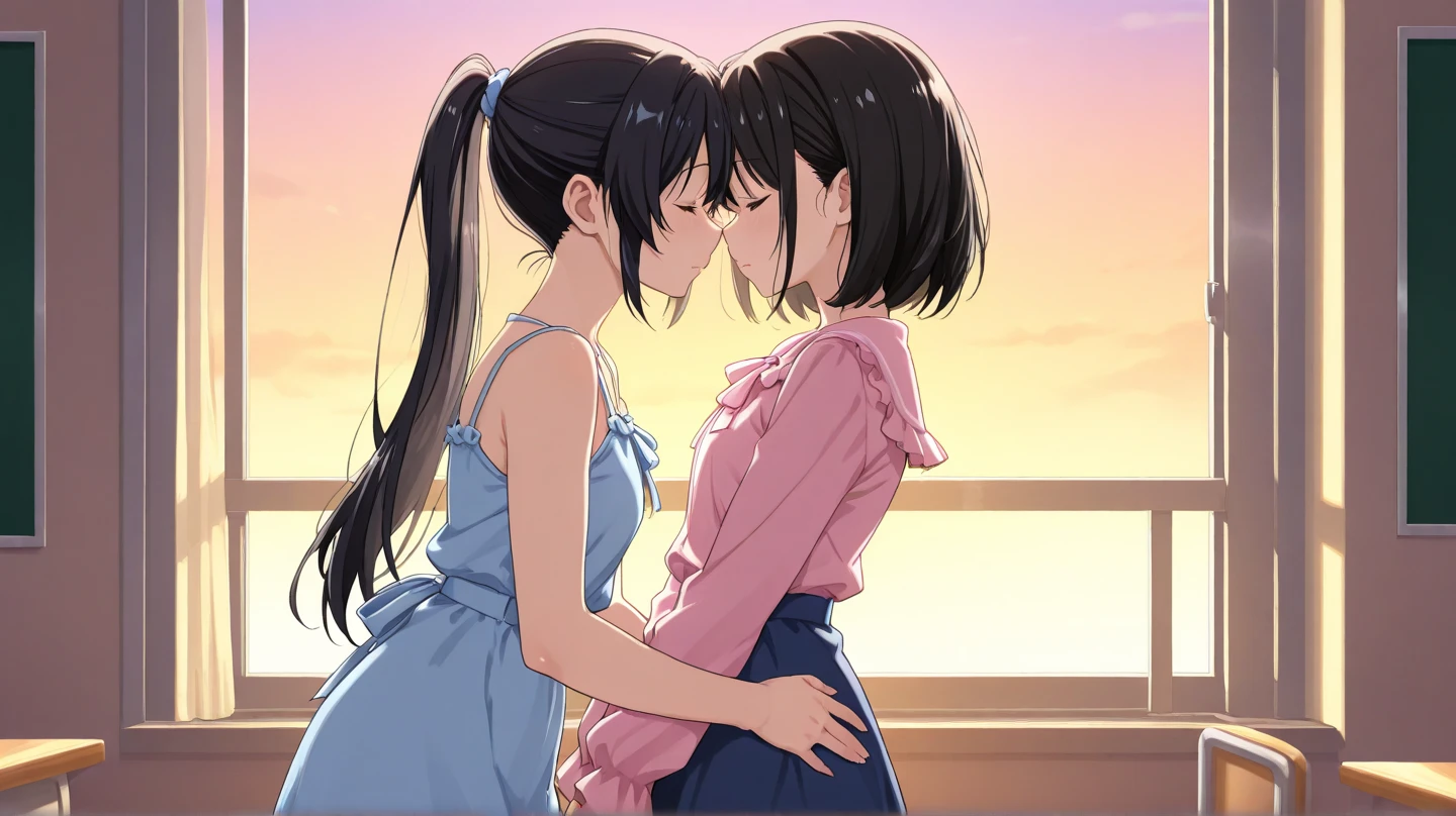 Two girls, yuri, (The first girl wear a pink suit, black pencil skirt, black underpants, white socks, white sneakers), (The second girl wore a grey suit, black pencil skirt, black underpants, white socks, white sneakers), french kiss, lesbian kiss, hugging, sensual body, closed eyes, bridge, blue sky, fresh ocean, novel cartoon, 4K, HD