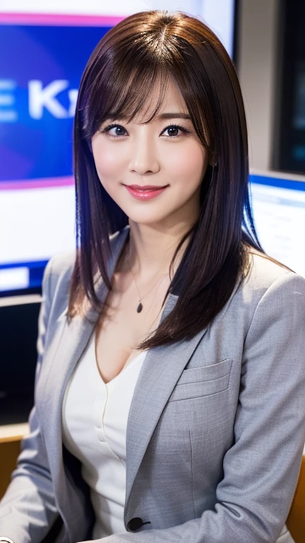 Make a professional profile picture of a woman smiling and looking at the camera, head and shoulders only, wearing a suit, bokeh background of an office. Add a SHIRT under the jacket