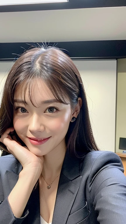 ((highest quality)), ((masterpiece)), (be familiar with), perfect face,Beauty,ahegao,office,suit,Just live,conference room,selfie,