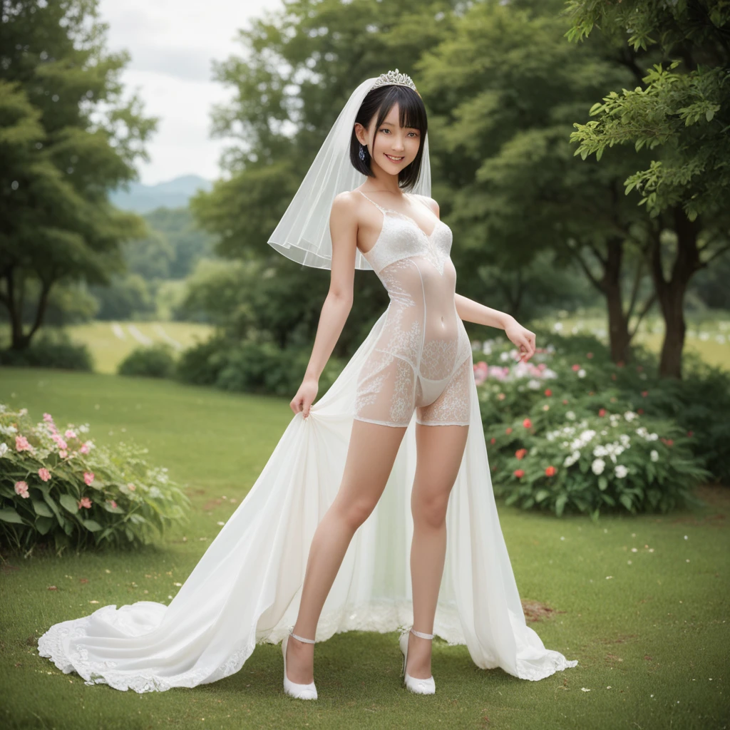 ((top-quality、8K分辨率、Master masterpiece、Portrait:1.3)), Photorealsitic, tissue, 35㎜ film, 1 Japan Woman_Middle-aged woman_49 years old, (Hair pulled back) , (tiarra_Wedding Veils)、Pearl Necklace、Wrinkles at the corners of the eyes, blush、Seductive smile、naughty expression、(((See-through bride costume_Expose naughty dresses))、((Open your clothes_Open chest)),((see -through)),(white_Garter belt stockings_See-through micro mini panties), (standing nipple:1.5) ,((Underwear))、Flower garden in full bloom、The fountain、plein air、during the day、((toppless_areolae slip))