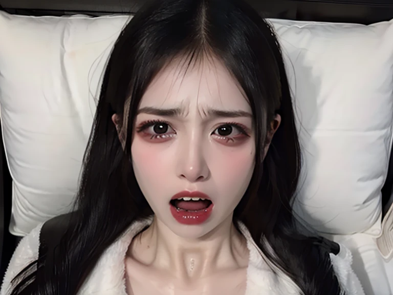 (a female), (japanese hentai), (Sadako), (ghost), (close up face), (pov eye contact), (crawling on all fours), (huge tits), (slouch, crawl over to me on the bed), (presenting cleavage), ((white skin #E6E7E8) like a corpse), small ((slim)) ((frisky estrus petit little provocatively tempt haughty wearing a tattered (one-piece dress) ghost)), (pitch black room), messy black thick ridiculously long hair, dark abandoned house, Thick and smooth Warframe thighs, wiggle thick thighs, seductive, very thick ridiculously hair, perky tits, downblouse, Sanpaku eyes