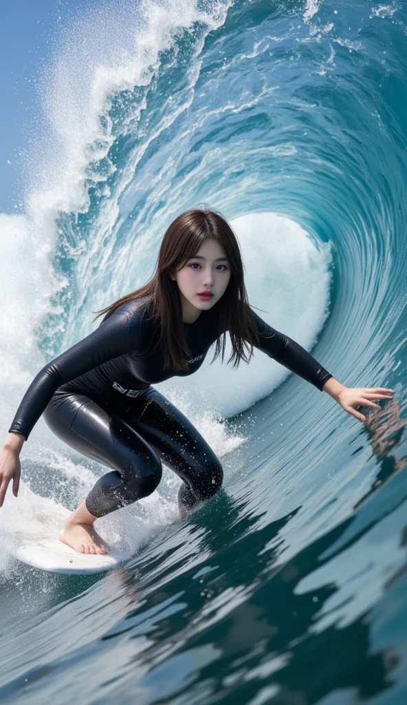 beautiful girl, (Baby Face), surfer, semi-long, (Sexy Swimsuit:1.3), (Medium breast:1.4), (outstanding style), (Surfing), (In the big curling waves:1.3), ((Tube Riding:1.2)), (Great balance:1.3), Detailed Surfboard, (Detailed face), (Beautiful Eyes:1.2), (Beautiful nostalgia), (Detailed hand:1.3), (Feminine small hands:1.3), (Detailed feet:1.3), (Magnificent landscape), (hair blowing in the wind:1.3), (Detailed skin texture), (Professional Lighting), (Facial lighting), (nffsw++:1.10), (Ultra-high resolution), (highest quality), (Improvement of quality), (Ultra-detailed), (Accurate Color), (Photorealistic), (Accurate Shadows), (Idol Face), (Delicate girl), (Digital single-lens reflex camera), (Sophisticated), Film Grain, chromatic aberration, (looking at the camera:1.3)