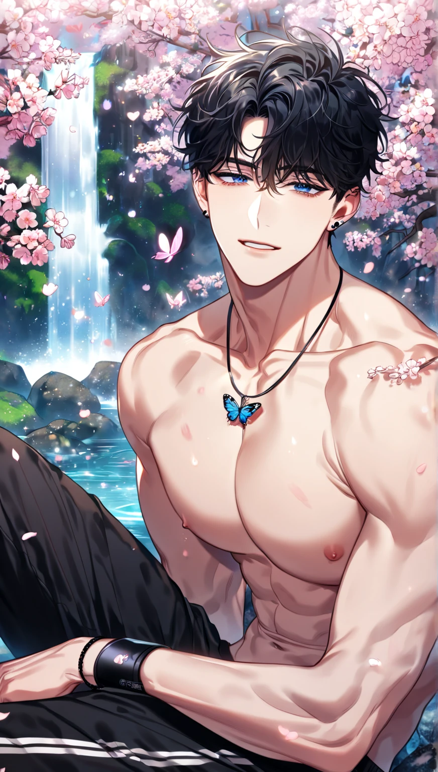 absurdres, highres, ultra detailed, HDR, master piece, best quality, extremely detailed face, delicated features, Kim Dokja, black hair, expressive brown eyes, omniscient reader's viewpoint, solo, sexy man, handsome, handsome smile, bare chest, toned chest, without shirt, fantasy, magical, butterflies, summer, green leaves, flowers, water