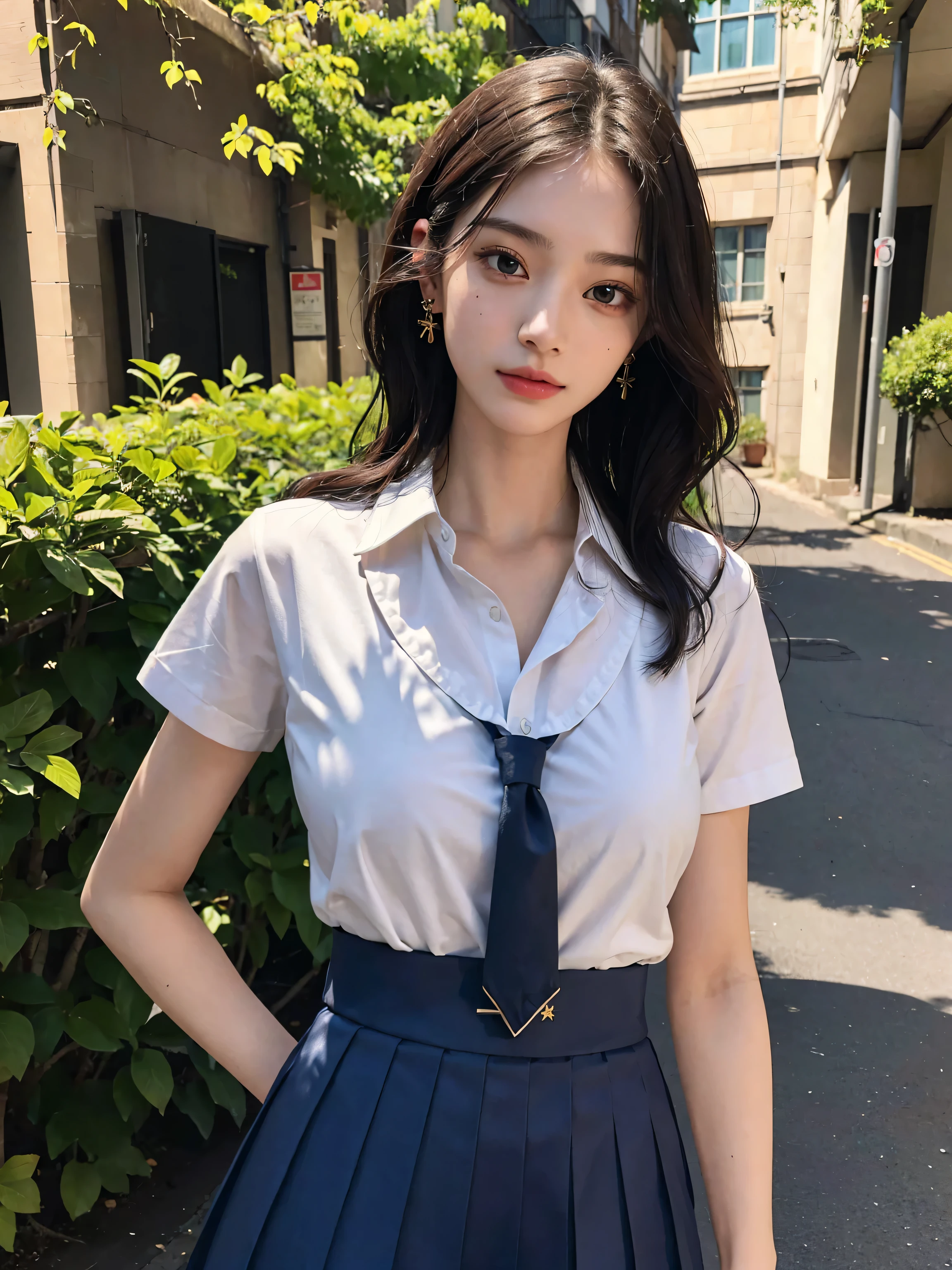 (Tabletop:1.4, Photorealistic:1.4, 8K), Highest quality, masterpiece, Ultra-high resolution, Perfect dynamic composition, Big Face、Round face、((Light brown hair, Long Hair, Straight hair))、Highly detailed skin and facial textures:1.3, Limb details, 1 Girl, Cute sexy 22 year old woman, (Sunburn:1.4), ((Totally captivates you:0.9)), ((school uniform, Light blue collared short sleeve shirt, Striped tie)),Medium Chest, (Distant eyes, Beautiful Eyes, Brown eyes、Beautiful erotic eyes:0.85), Sexy Face:0.4, (Mouth closed、Small Mouth、Thick lips、A taste of beautiful eroticism:0.85), ((Too cute beauty:0.9))、Gal Makeup、((close)), (Are standing, Cowboy Shot)