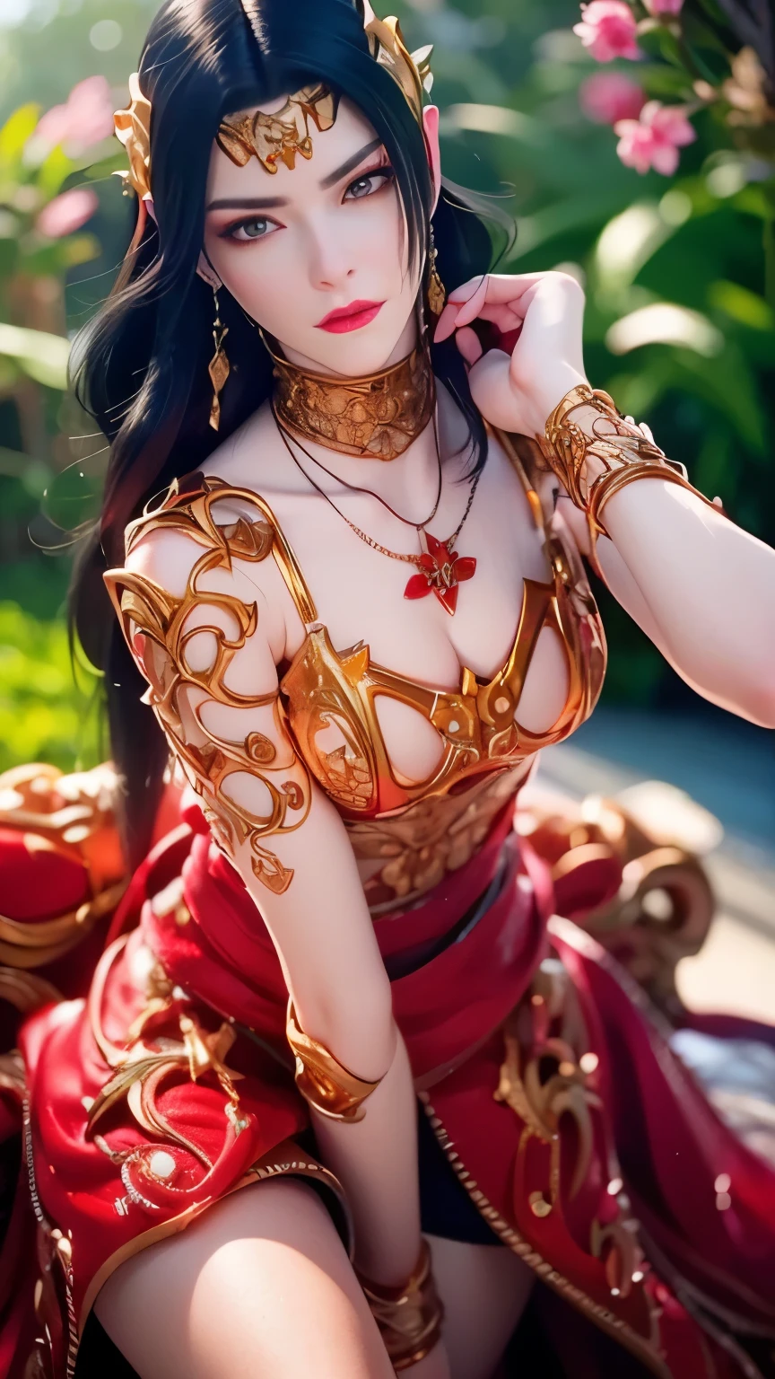 (RAW photo:1.2), (photorealistic:1.4),(intricate details:1.2),(masterpiece:1.3),(best quality:1.4), (ultra highres:1.2),1girl, solo, jewelry, earrings, pointy_ears, necklace, looking at viewer pose, red ornamental clothes, background : a garden with fluttering sakura petals, strict icy expression on her face, beautiful face, good face symmetry, natural lighting, natural skin