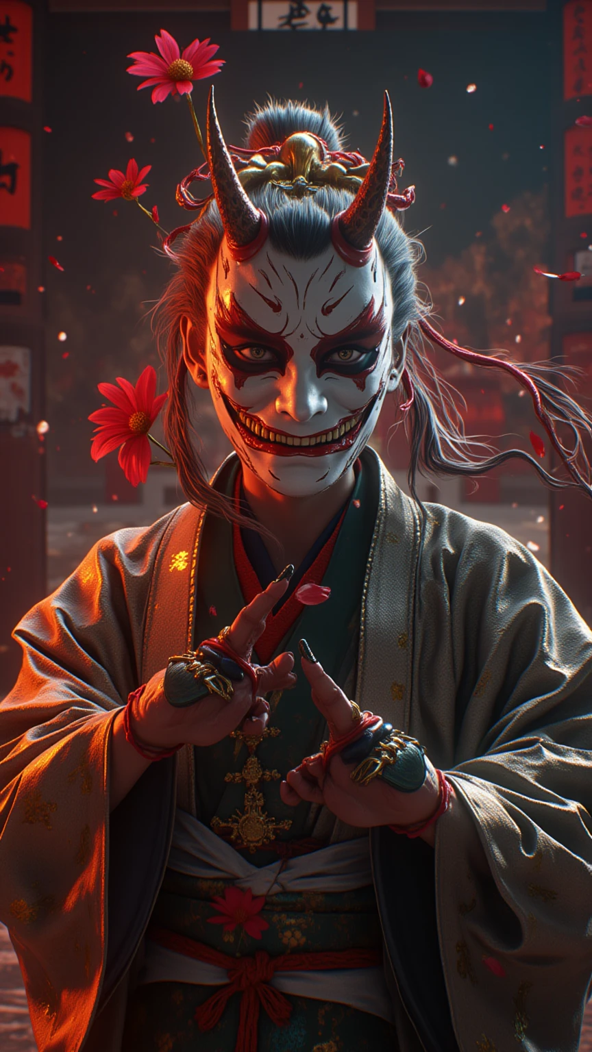 samurai preparing for an attack demon mask on the face enemies behind him night high detailed background