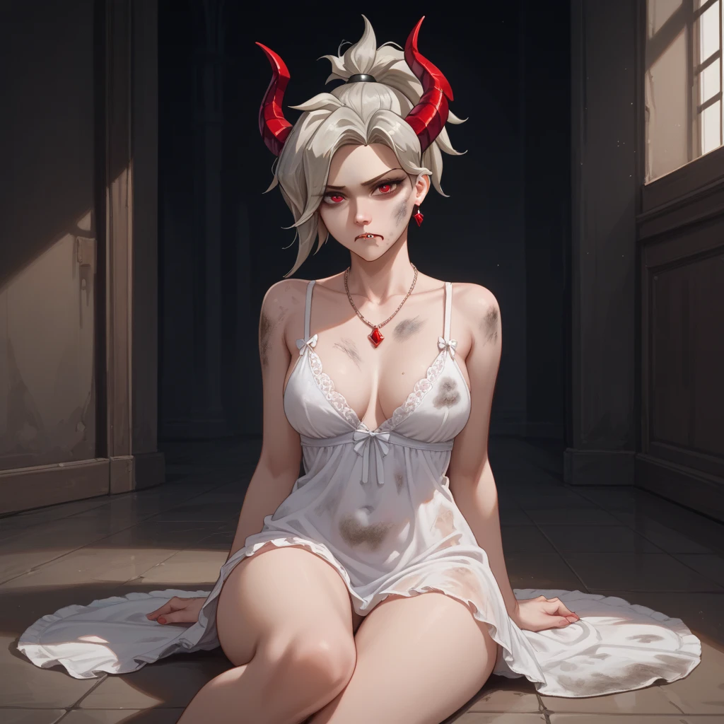 1girl,solo,huge breasts, ghost costume , (hitodama) ,night, tombstone, graveyard,,, long sleeves, very long sleeves, , ghost, ultra pale skin,, off shoulder, cleavage, no bra, extremely long white hair, lying on geound in graveyard, bare legs, tattered clothes, curvy wide hips, massive breasts, chubby thighs, beautiful pink eyes, top down. Looking down, crying, mascara, with white Oni horns, massive breasts, giant tits (full body), (long beautiful legs), lying down, view from above, (snow white skin: 1.3)