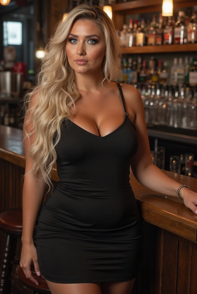 solo, realistic, photorealistic, natural lighting, (large forehead, (((Latvian woman))), (((Latvian nose))), (((Latvian eyes))), (((blonde))), (((braids))), (((Latvian face))), (((Latvian lips))), (((Latvian body))), (((fair complexion))) pose: sitting on a chair, smiling, wearing Boho Maxi Dress , cleavage, background: A sleek, corporate-themed bar where deals are made over expensive whiskey and cigars, frequented by business executives and entrepreneurs.