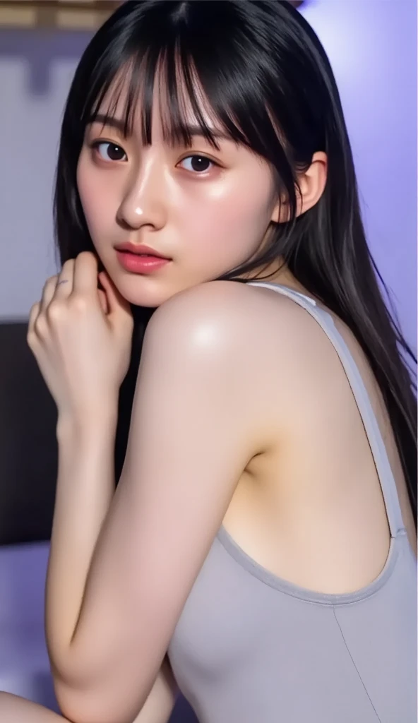 (((best image quality、winning work、nsfw)))、 1 beautiful Japanese woman 、long hair、night、dim lighting、bedroom、(((oversized tank top、Horizontal milk)))、(((beautiful breasts、beautiful breastsの谷間、big breasts、E cup)))、(((side view、looking at the camera、 sad expression、sexy expression、sexy)))、8k