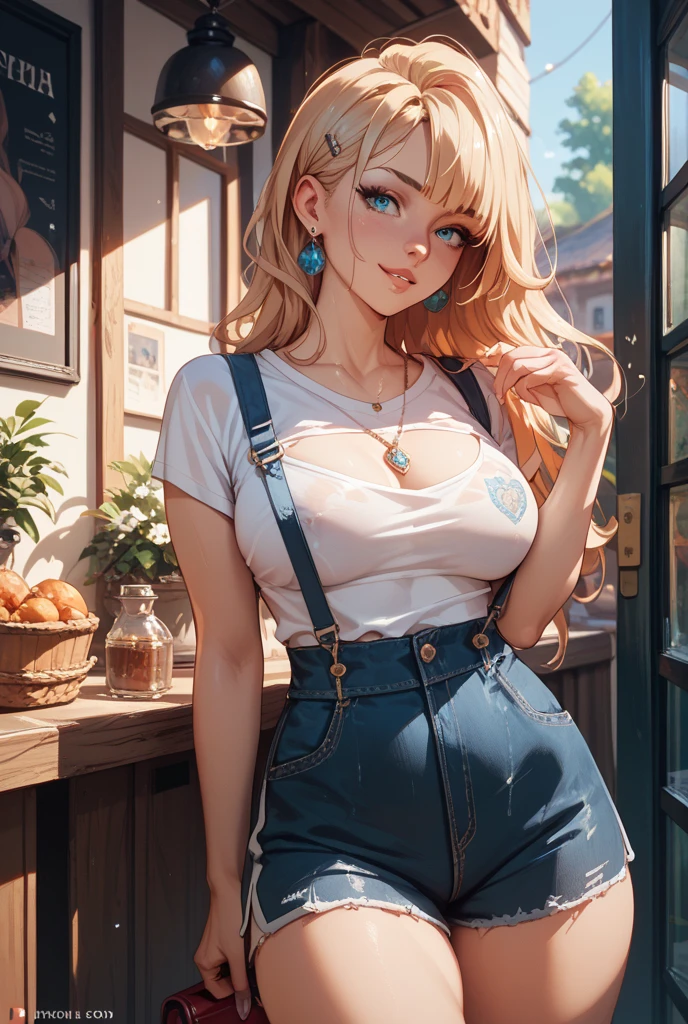 Girl with tan skin, braided hair, blonde, Box braids, green eyes, smiling, super tight jeans, torn, belly exposed, big hips, hands down, black bra, white blouse, big circle gold earrings, freckles, big lips, on a rooftop, nyc skyline in the background, blue skies big clouds