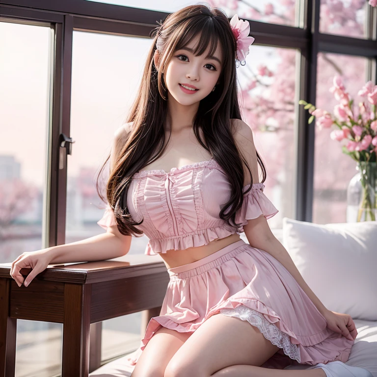 NSFW, A young Japanese idol-style woman with a small, round face and youthful features. She has natural makeup with a hint of blush and glossy pink lipstick, wearing a cheerful and playful expression. Her hair is black, semi-long straight, and styled with soft curls. She has a short and voluptuous build with fair skin, a slim stomach, curvaceous figure, and puffy nipples. She is wearing a cute and stylish outfit: a pastel-colored, frilly dress with a fitted bodice and a flared skirt that reaches mid-thigh, paired with knee-high socks and cute, pastel-colored shoes. She is standing in a playful pose, one hand on her hip and the other hand pulling down both shoulder straps of her dress, revealing her lacy bra and sliding the dress down to her waist, exposing her bare chest and upper body, her eyes sparkling with joy. The background features a bright and colorful setting with flowers and butterflies, creating a whimsical and happy atmosphere. The camera angle is from a slightly lower perspective, capturing her full body and the cheerful, adorable vibe. The image should be high quality, realistic, and detailed.

