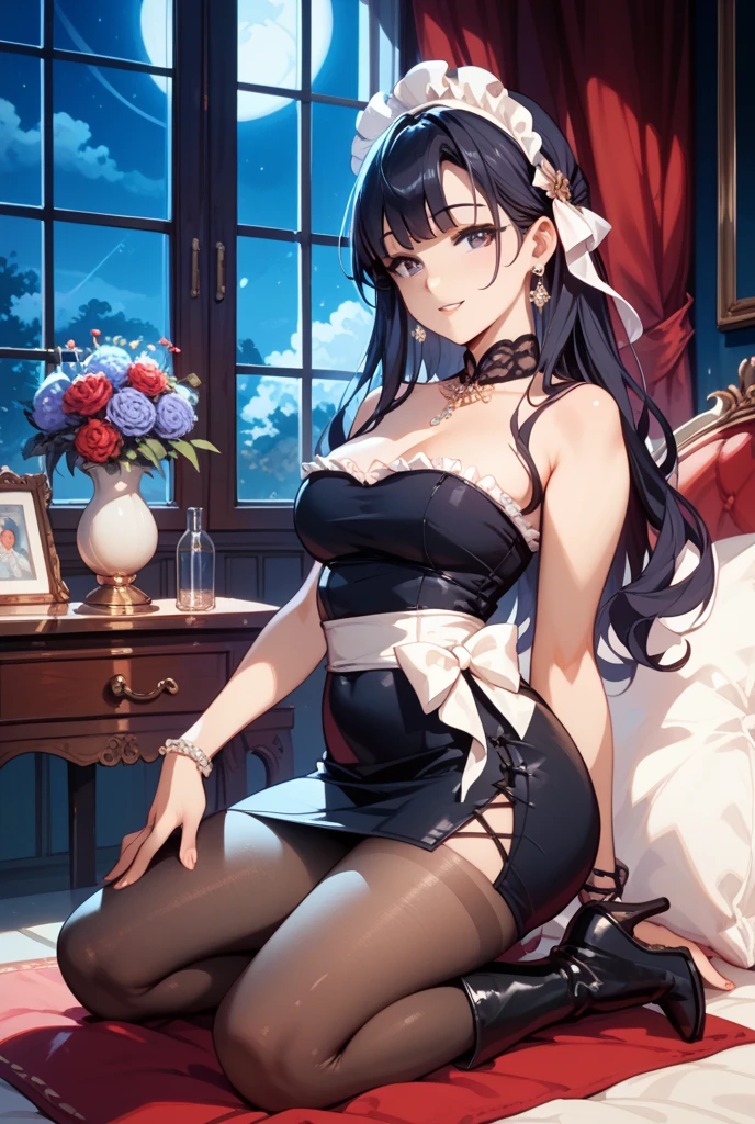 (tmasterpiece, high resolution,ultra - detailed:1.0),1 girl,Young and beautiful women,eye looking to camera,Perfect female body, (Vampire Castle), Extremely detailed CG,Unity 8k wallpaper,Complicated details, solo person, (skimpy Maid clothes), Luxurious living room,Gothic style,,Dark night,color difference, Depth of field,dramatic shadow, Ray tracing, Best quality, Cinematic lighting, Beautiful young maid, manipulative cunning, sly dominant maid, cruel, deceitful, fake smiles, secretly despite you,