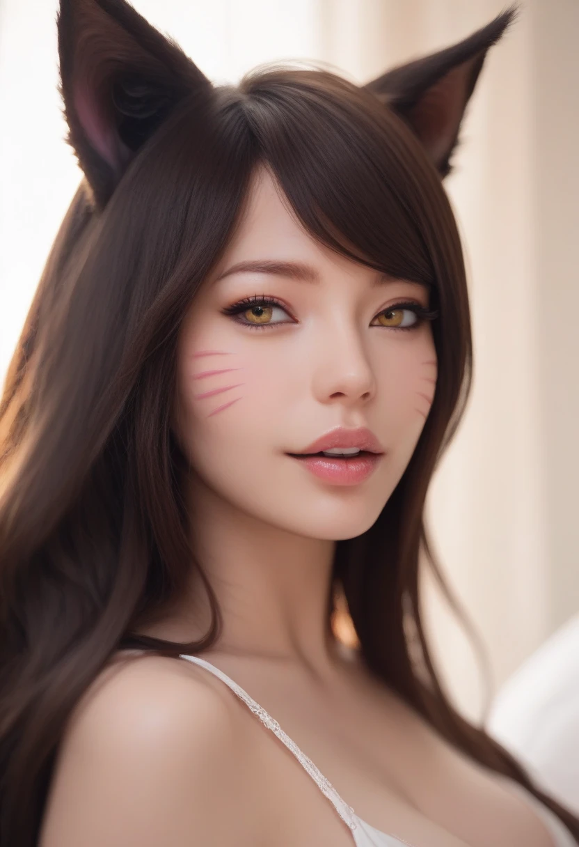 Incredibly beautiful girl, and the hair is black, Check hairstyle. Forest background, there is a fox next to the girl . Photo is hyper-detailed, very realistic