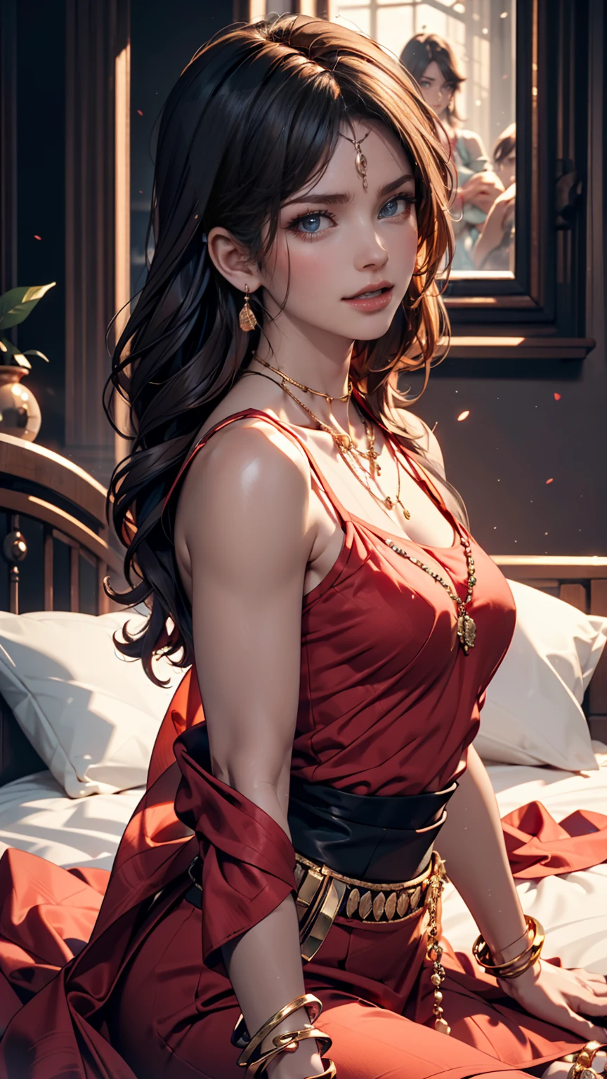 ((masterpiece,Highest quality)), 4K, High resolution, One girl, alone, smile, Brown dress((slit deep)), Exposed thighs、(Perfumer's Outfit 2:1.2), 、Stiletto heels、Curly Hair((curly hair))、Red inner color((colored inner hair))、Crystal Earrings((crystal earrings))