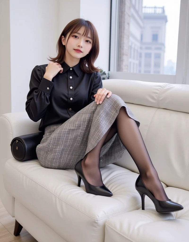 beautiful japanese woman，Photos taken by a professional photographer，Fancy makeup with red eyeshadow，double eyelid，The best smile，Delicate brown hair with short cut and side waves，big ring earrings，elegant legs，Wearing black high heels，long and thin legs, white shirt and super miniskirt, long legs, standing during class, very beautiful slim legs, とても美しいlong and thin legs, sitting at desk, Business service, beautiful feet, good hips and long legs, beautiful feet, black tights，black stockings，black pantyhose，