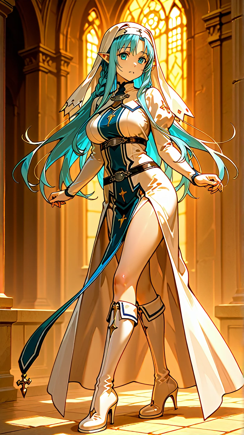 (Masterpiece, best quality, official art, 8K, high resolution), HD image, ultra-detailed, a cartoon image of a Sky Blue Skinned female Djinn with blue hair and blue eyes, a chain around her neck, Human Hybrid Djinn, (((((Her sky blue skin))))), skin genie girl sky blue, alone, Krenz Cushart and Artgerm, aesthetics!!!!!!, female genius, she is huge, beautiful girl genius, a celestial appearance, eyes are large and expressive, ((deep blue eyes)), exotic eyes, detailed eyes, ((long blue hair)), wavy and flowing, wears an exotic outfit, (((She wears a white top adorned with sparkling jewels, her skirt is long and flowing, made of lightweight silk, with layers that move gracefully with each step))), the skirt is decorated with intricate embroidery in silver and gold, waist sash decorated with precious stones, artgerm style, Water Elemental Woman, Goddess Inanna, The Greek goddess Afrotita, aesthetic!!!!!!, (1 Female Genie Djinn), (Big Breasts), Beautiful Genie, Evil Goddess, Djinn Character, ideal body proportion, ((Detailed Body)), mega detailed sensual body, perfect goddess body, Cuffs with Hanging Chains, Colorful Concept Art, Spiritual Fantasy Concept Art, Genius character who is a female Djinn with sky blue skin, blue hair and blue eyes, elf ears, wearing a white top and wearing a long white skirt as well, (Sky Blue Skinned Elf-Djinn).