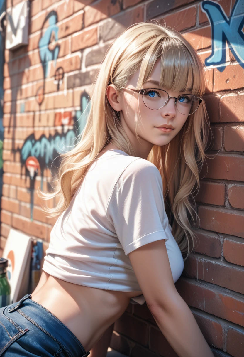A girl, 20 years, with very long blonde hair, with two ponytails, blue eyes, round face, small nose, small mouth, thick lips, Small ears, cap, belt, big breasts, Cybernetics, stupid, glasses, tagia alta, Jacket, micro bikini, revealing outfit, scarce, visible breasts, Ray Tracing, Reflection light, 16k, 8k, highres, best quality, award winning, high quality, high details, super detail, textured skin, anatomically correct, accurate, masterpiece