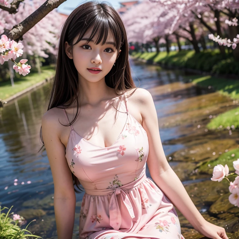 laughing out loud,travel scenery photos,Wear a cute dress,Dress with cherry blossom pattern,1 female, On the face, light brown hair, blunt bangs, hair behind ears, Shoulder-length hair, long hair, Slender body type, 超face slimming型, face slimming, delicate lips, beautiful eyes, Thin blush, Eyes are light brown,View here, (actual:1.3), One person's perspective, 8k, Super detailed, high quality, best quality, High resolution,2,above knee shot,Breast protrusion,Full breasts
