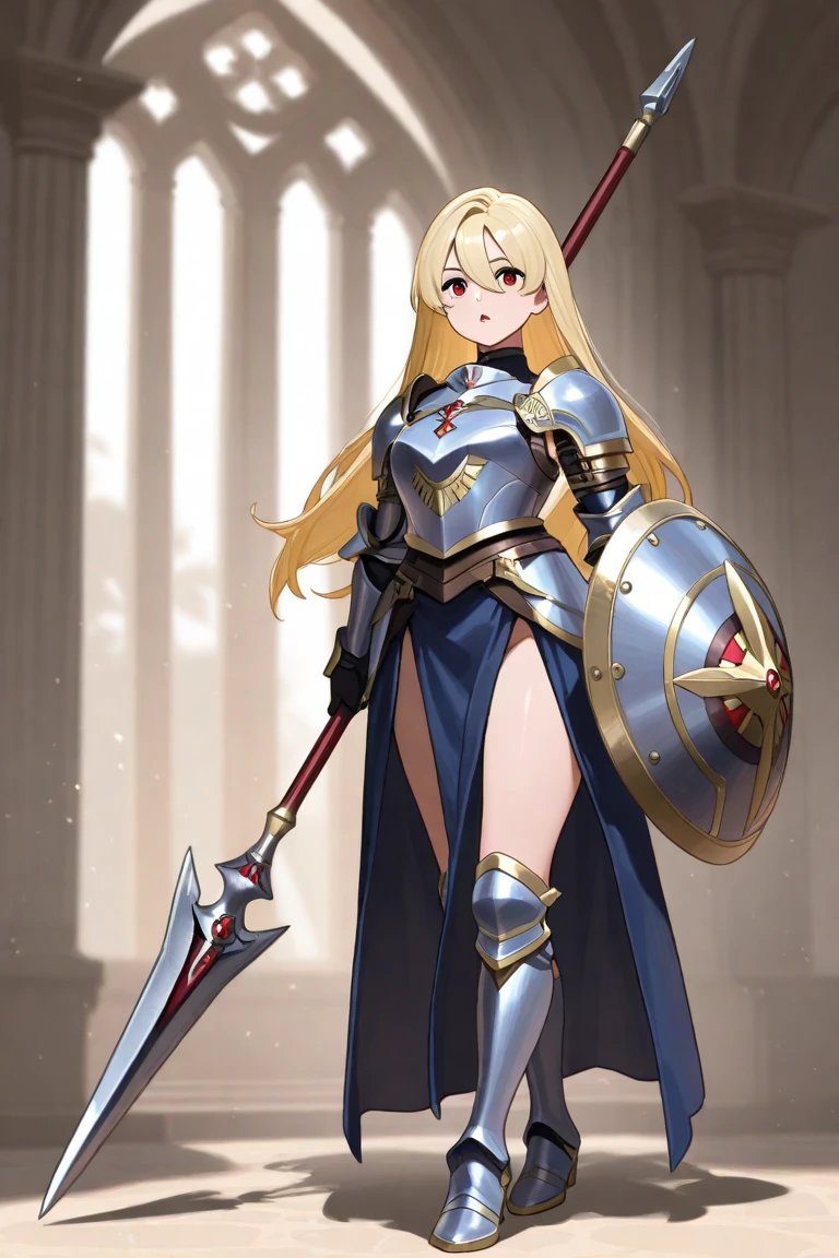 A female knight with a long sword and a large shield、17 years old、beautiful girl、Navel exposure、whole body