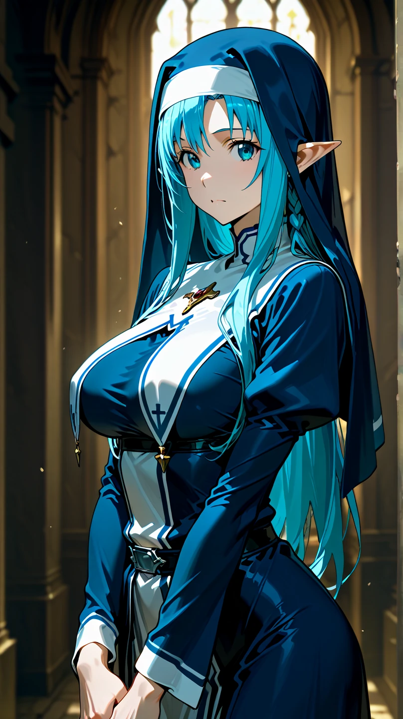 (best quality, In 4K, 8K, High resolution, muste piece:1.2),Super detailed, (Reality, photorealistic, photorealistic:1.37),30 year old woman,ripe woman,Mature woman,,muster piece, Top quality, Ultra-fine,maximum resolution, Extremely detailed, sexy,beautiful eyes,(black nun Outfit,nun,thigh high socks,large breasts,groin focus,white leotard,spread legs)),thong,braided hair,Cord,blue hair,Seductive thighs,cowboy shot,in church