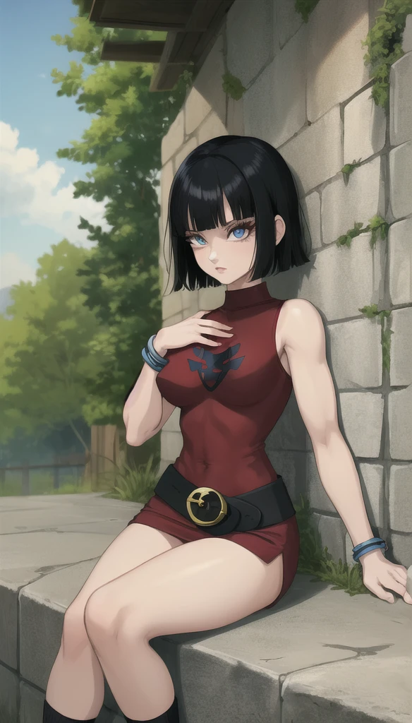 masterpiece, best quality, highres, (((manga style, monochrome))), roto (dq3), <lora:DQ3ROTO:0.8>, short hair, brown hair, blue eyes, circlet, strapless, blue dress, purple cape, thighhighs, gloves, boots, belt, scabbard, knee boots, back view,