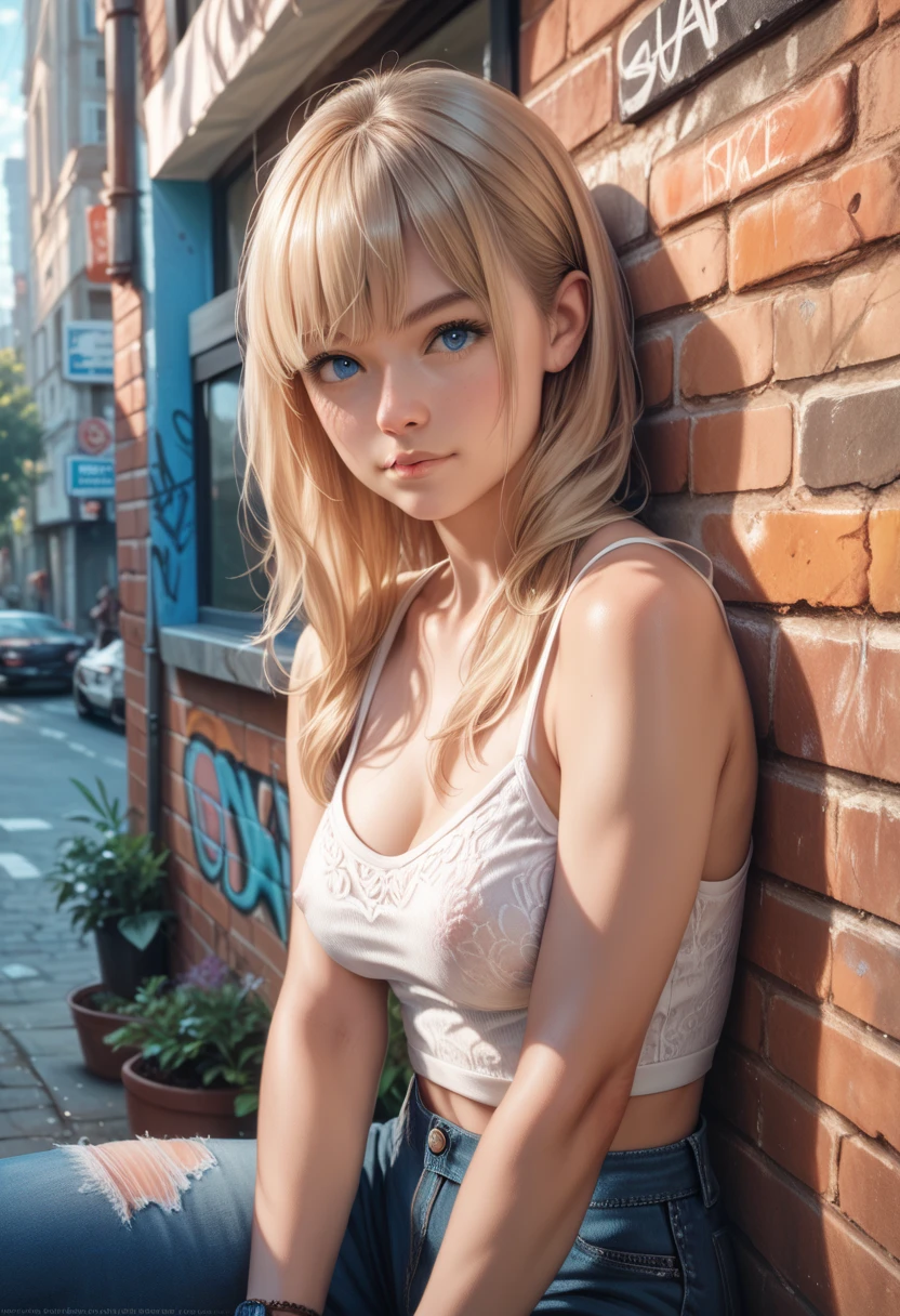 Beautiful 13 year old German girl, Blue or green eyes, blonde, developer, Mini Dress, (White tight antenna, Realistic colors, sunrise