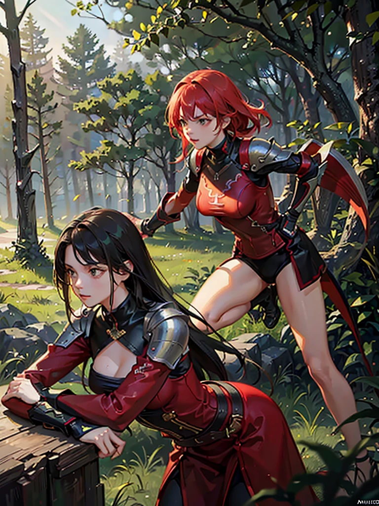 Anime girl with red hair and a sword standing in a field., Ayaka Genshin Impact, ayaka game genshin impact, anime goddess, shadowverse style, cushart krenz art key women, Artwork detailed by Onmyoji, seductive anime girl, 2. 5d cgi anime fantasy artwork, Onmyoji, beautiful and seductive anime woman