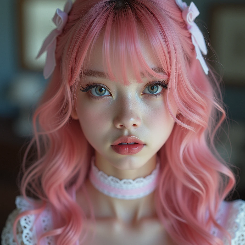 una mujer con cabello rosado usando sujetador, hermosa foto hiper real, vibraciones de anime, doll, pelo muy largo rosa claro pastel, fetiche, heart shaped face, Ver, gogó : :, bun, beautiful symmetrical body, Ella, de