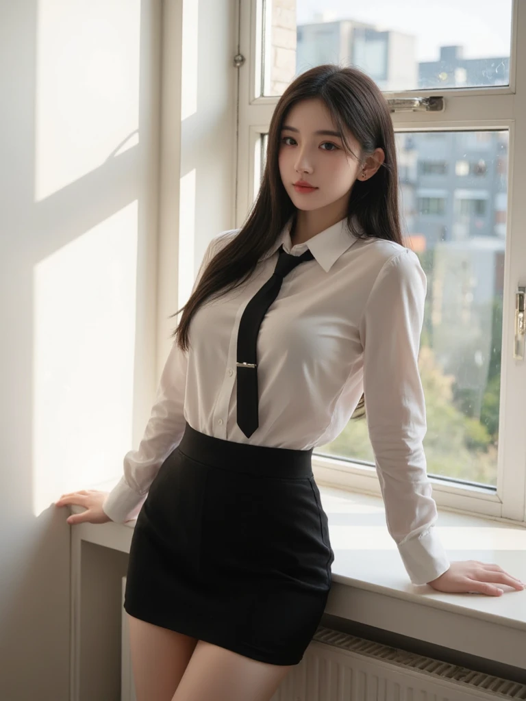 ((long:1.2)), (8K, Raw photography, Top image quality, ​masterpiece:1.2), (realisitic, Photorealsitic:1.37), The ultra-detailliert, 独奏, Beautiful detail sky, s Office,Daytime, large full breasts, Beautiful detail eyes, Beautiful Detail Lip, profetional lighting, photon maping, Radio City, physically-based renderingt, extremely detailed eye and face, Beautiful detail eyes, Facial light, 电影灯光, 24 year old,White cutter shirt,tight skirts,Black stockings,full body Esbian,Black tie