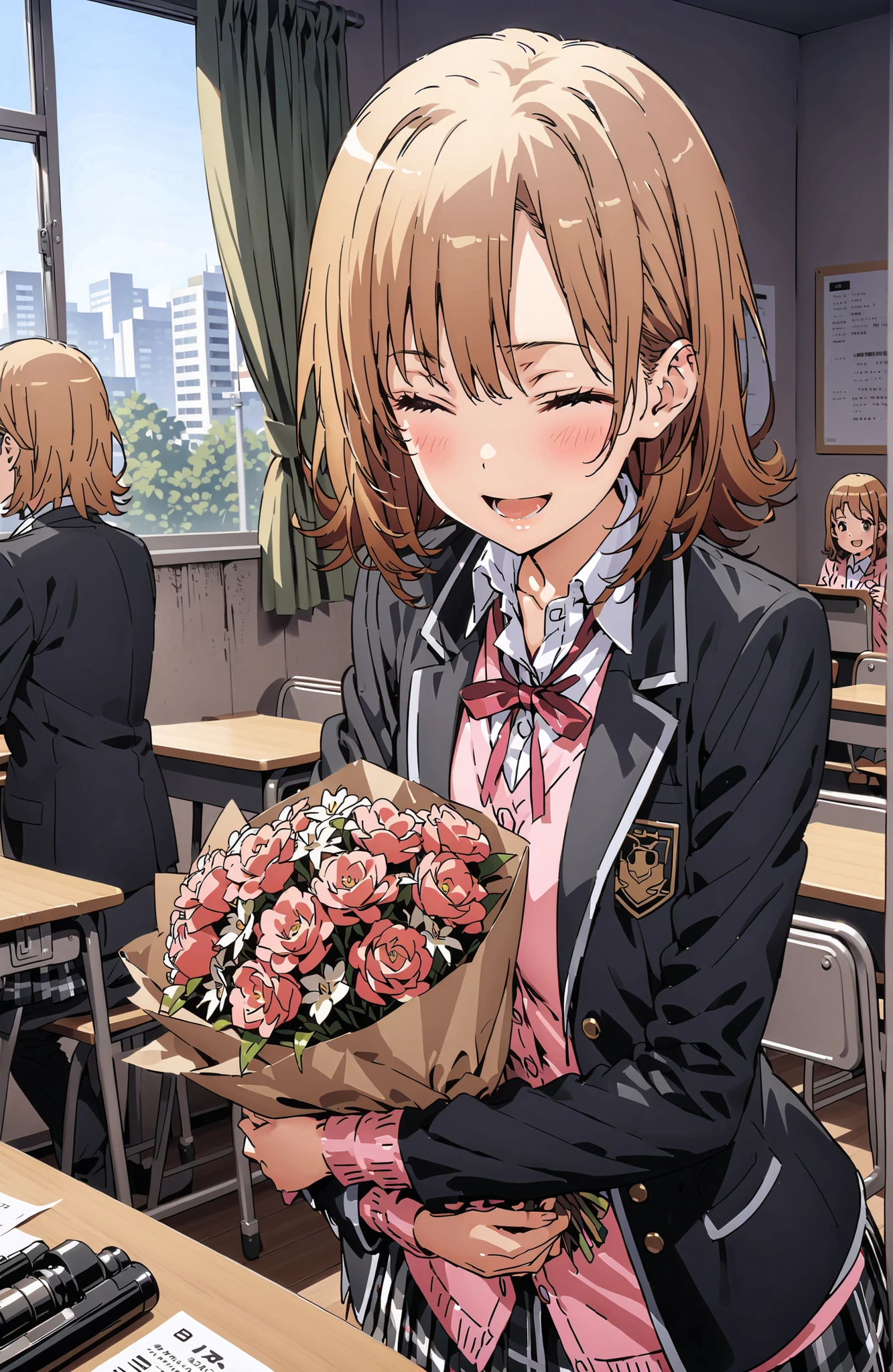 Irohaisshiki, Ishizaki Iroha, solo,short hair,close your eyes,brown hair,smile,blush,open your mouth,skirt for ears, shirt, ribbon, uniform, jacket, white shirt, opens clothes, open jacket, black jacket, plaid, plaid skirt for ears, blazer, cardigan,pink cardigan, black high socks,sobu high uniform,Holding a bouquet of flowers with both arms,standing, Beautiful Streetscapes,window,curtains,machine,chairs,noon,全身がillustrationsに入るように,break indoors, Classroom,
break (masterpiece:1.2), top quality, high resolution, Unity 8k 壁紙, (illustrations:0.8),Highly Detailed Faces, perfect lighting on the table, extremely detailed CG, (perfect hand, perfect anatomy),