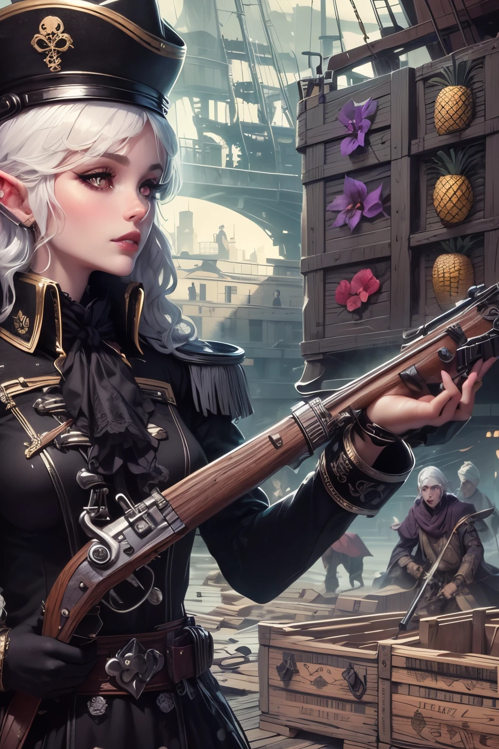 (Ultra-detailed face, Looking Away, Gothic Illustration, Dark Tone Colors.) , BREAK
(A medieval European-style military port during wartime. A female dark elf officer, in a bold pose, instructs sailors to use a wooden crane to load a large number of crates containing shells with pineapple designs stacked on wooden pallets and a long, narrow box containing a harpoon with a heart-shaped strawberry at its tip. She has a flintlock short gun with a banana design inserted in her waistband.) , BREAK
(The female dark elf officer has white hair and white eyebrows, crisp bangs, long wavy hair to her waist, small pink lips, lavender eyes, dark purple skin, and dark eyeliner.), (She wears a shiny black bib necklace with a net covering her neck. She wears a purple medieval European classic naval officer style lace up dress with embroidery and gold braid. She wears black boots with silver embellishments.)