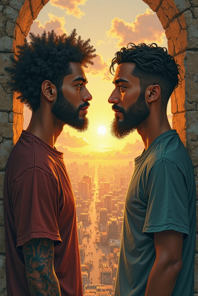Two men holding hands looking at each other face to face, cheesy, dark-skinned, one with afro hair and the other straight, both are dark-skinned, give the second one more hair