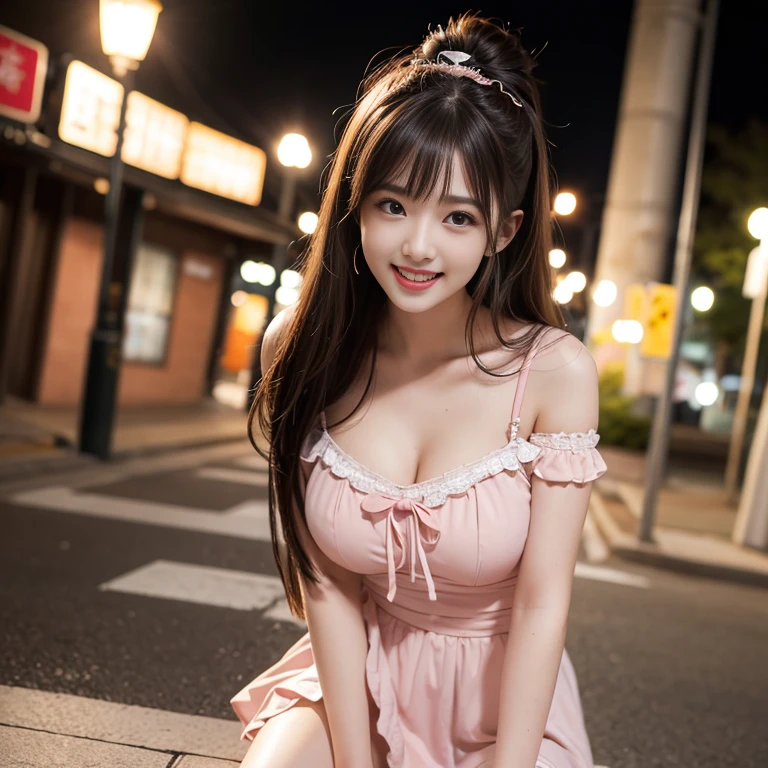 (4 k、top-quality)、(realisitic、Photorealsitic)、(Yakian)、
1girl in、独奏、fullllbody、(face to the viewer)、
perfect hand、up looking_で_the viewer、
whiteshirt、
outside of house、natta、mid night、City at night、The moon is big in the sky、finerly detailed face、wearing round glasses、Slightly chubby、The best smile、You can see the double teeth、White ribbon、Light brown long curled hair,,(super gigantic breast, cleavage:1.2),(Pink Bunny Girl Cosplay:1.3), (Cameltoe),35 year old、Panty T-back、Nogizaka Idol、actress、Korean Idol、hposing Gravure Idol,place one's arms behind one's back,raise both arm,(Aside)、