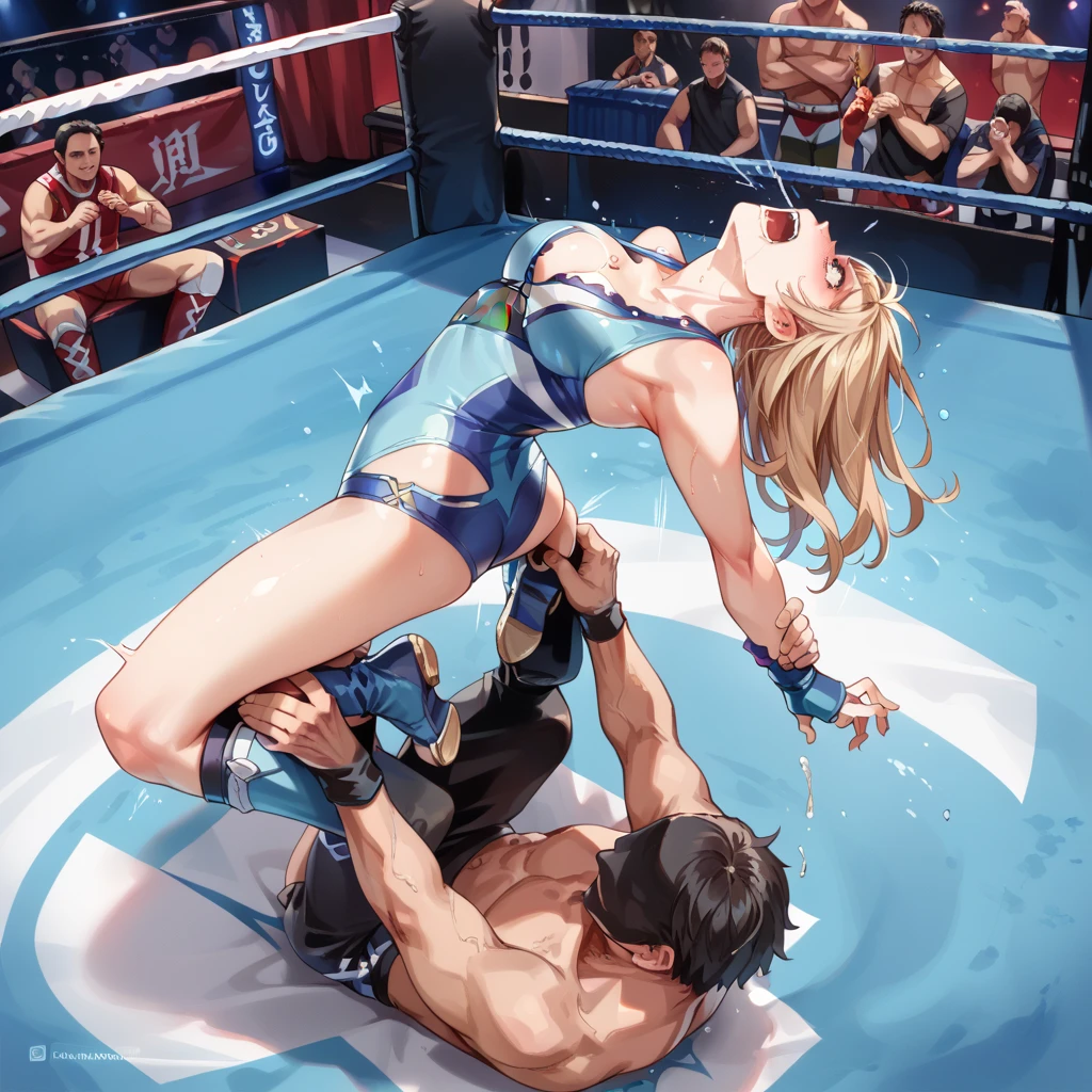 Sweaty and intense orgasm、Full Color、Photorealistic、ふたなり女子レスラーとショタ少年wrestlingラー、Dynamic Pose、leotard、Dazzling Light、wrestling、An enthusiastic crowd watches、Young erection in sheer latex wrestling outfit２A shota boy and a female futanari wrestler are posing、Orgasm Face。On all fours