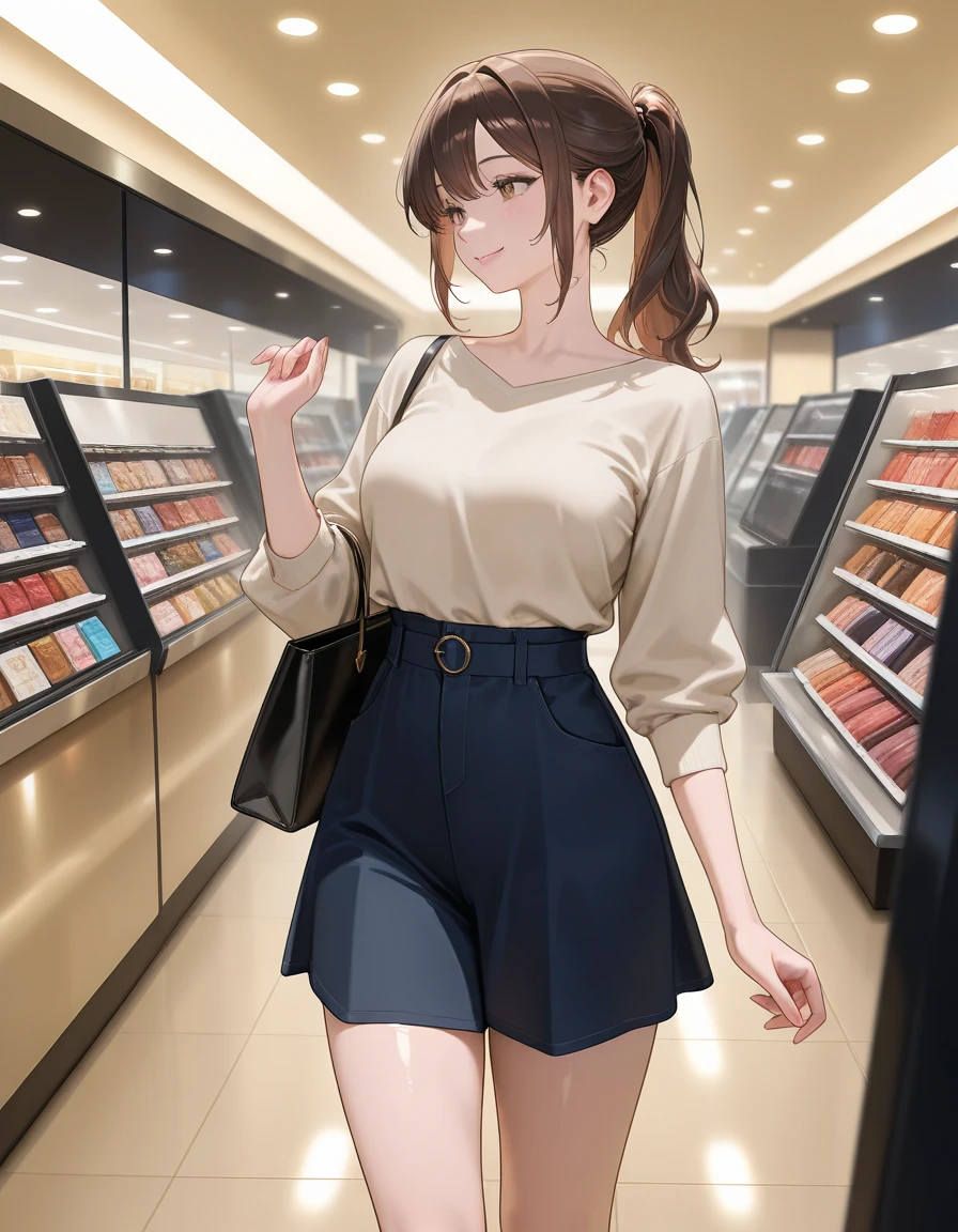 (A work depicting a scene from a manga for adults), housewife, Realistic sized eyes, Droopy eyes, shame, (She is carrying a large plastic bag full of groceries.), ((Spread your legs, banging one's groin against a stone pillar on the sidewalk to masturbate, pubic hair)),Angle from below, alley,
