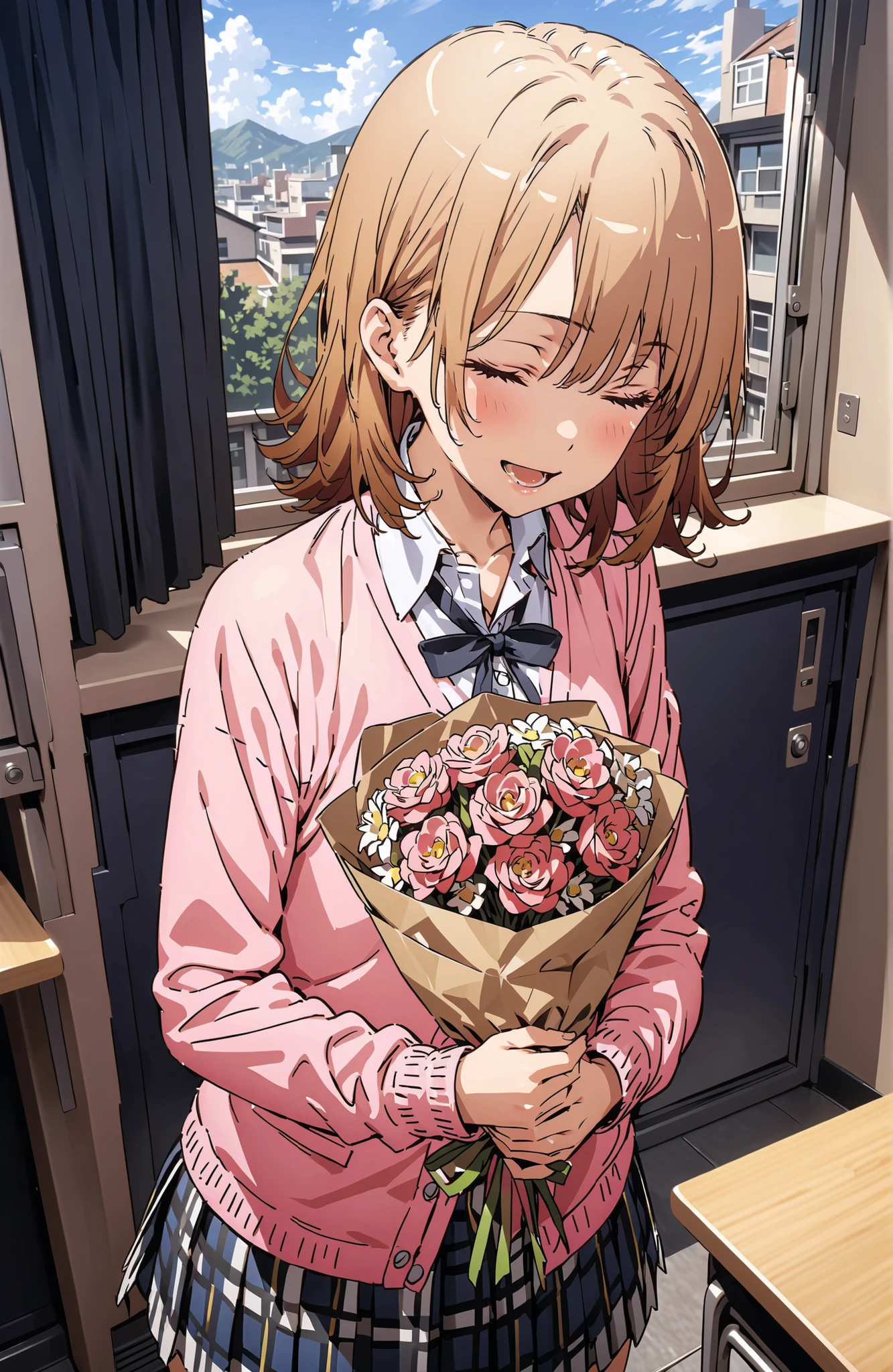Irohaisshiki, Ishizaki Iroha, solo,short hair,close your eyes,brown hair,smile,blush,open your mouth,skirt for ears, shirt, ribbon, uniform, jacket, white shirt, opens clothes, open jacket, black jacket, plaid, plaid skirt for ears, blazer, cardigan,pink cardigan, black high socks,sobu high uniform,Holding a bouquet of flowers with both arms,is standing, Beautiful Streetscapes,window,curtains,machine,chairs,noon,全身がillustrationsに入るように,break indoors, Classroom,
break (masterpiece:1.2), top quality, high resolution, Unity 8k 壁紙, (illustrations:0.8),Highly Detailed Faces, perfect lighting on the table, extremely detailed CG, (perfect hand, perfect anatomy),